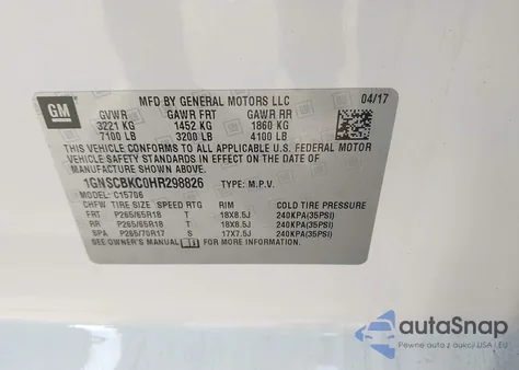 2017 Chevrolet Tahoe Lt z USA, uszkodzony, nr VIN 1GNSCBKC0HR298826